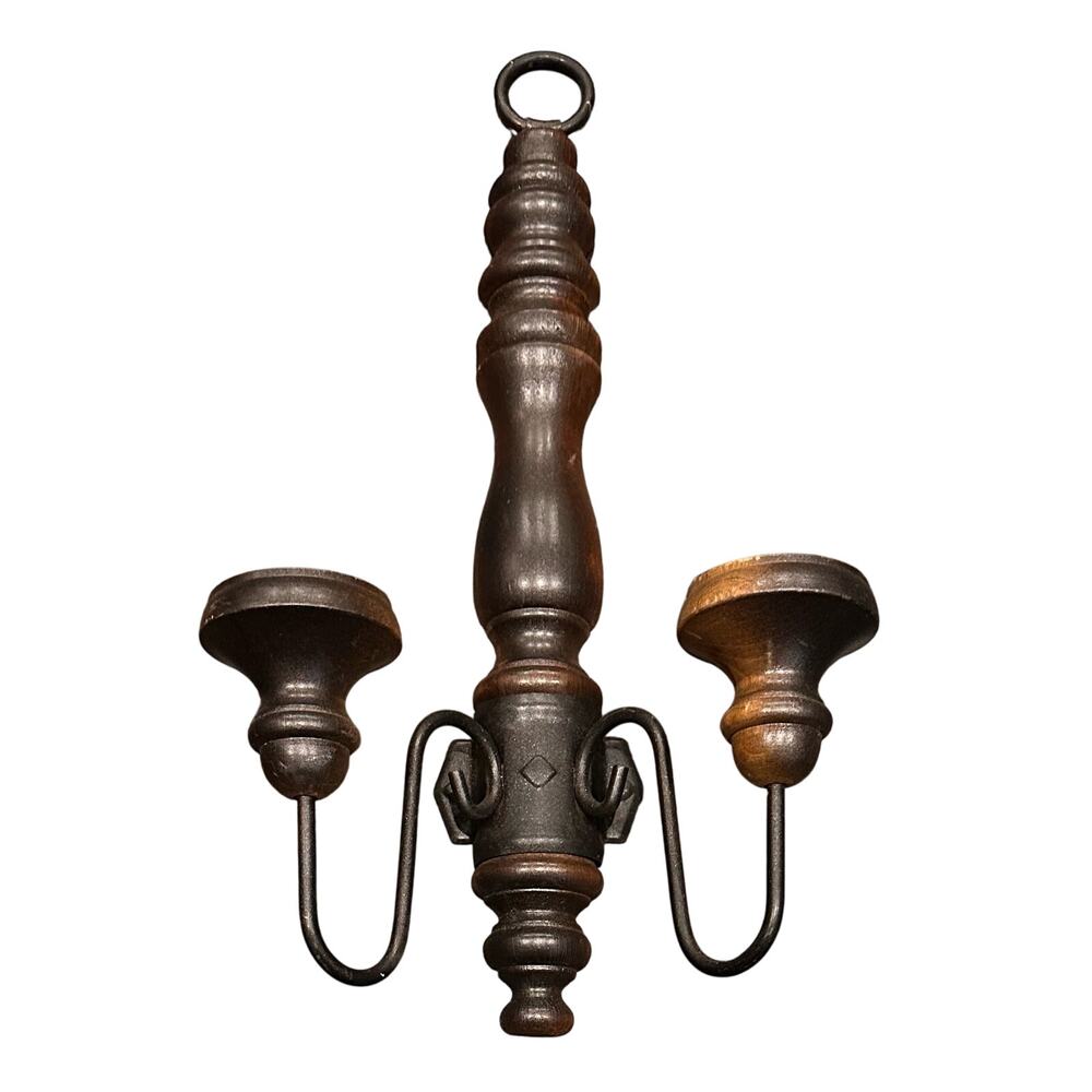 Black Metal/Wood Wall Sconce Double Candle Holder 70s Retro Boho Vintage